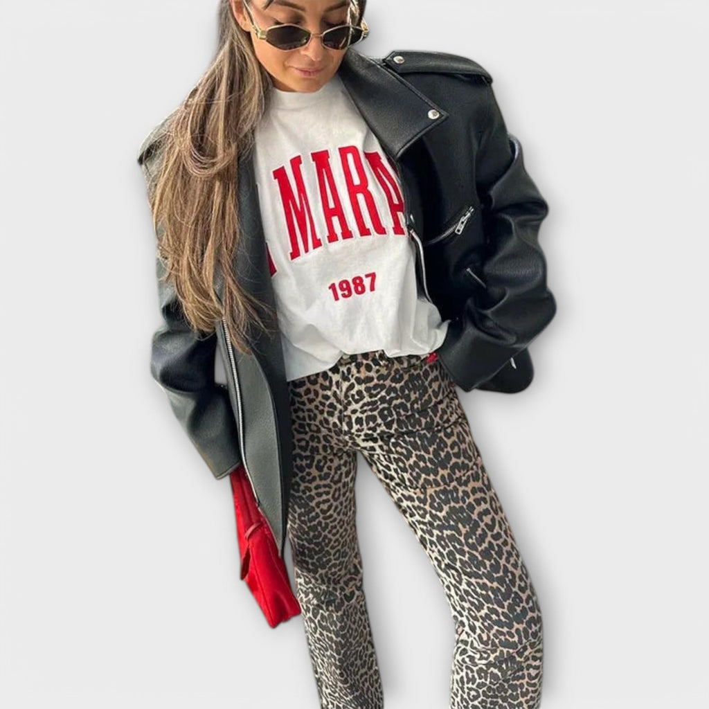 Carina™ - Retro džinsai su leopardų raštu