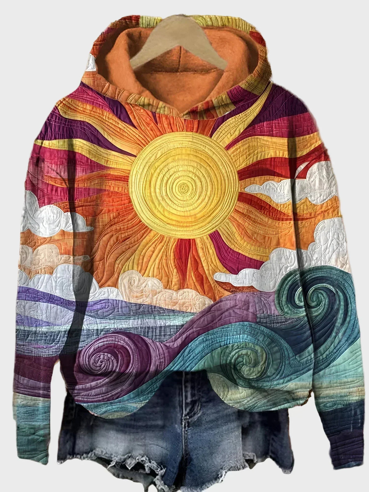 Retro Hoodie su Saulės Spindulio Raštu